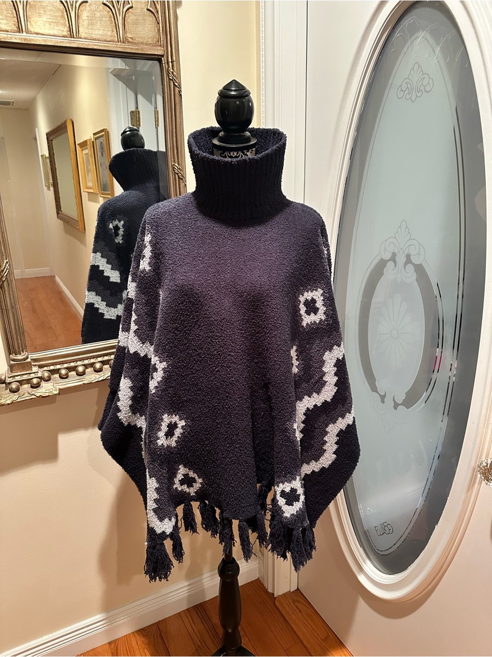 Barefoot Dreams Cozy Navy Turtleneck Poncho Sweater with Pattern
